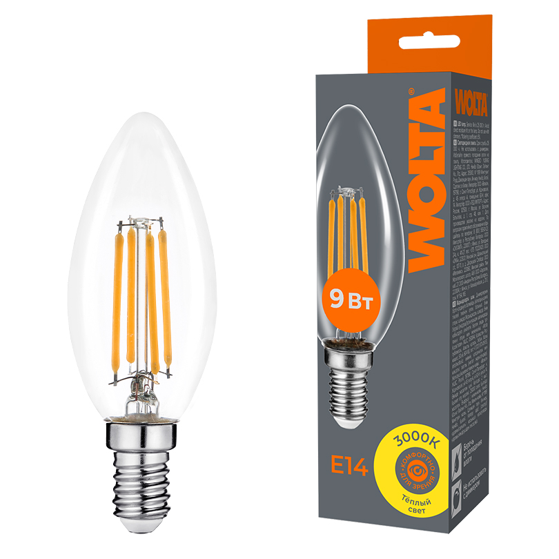 картинка Светодиодная лампа WOLTA Filament WF-C35-9W3KE14 магазин pro-decor.kz являющийся официальным дистрибьютором в Казахстане картинка Светодиодная лампа WOLTA Filament WF-C35-9W3KE14 от магазина pro-decor.kz