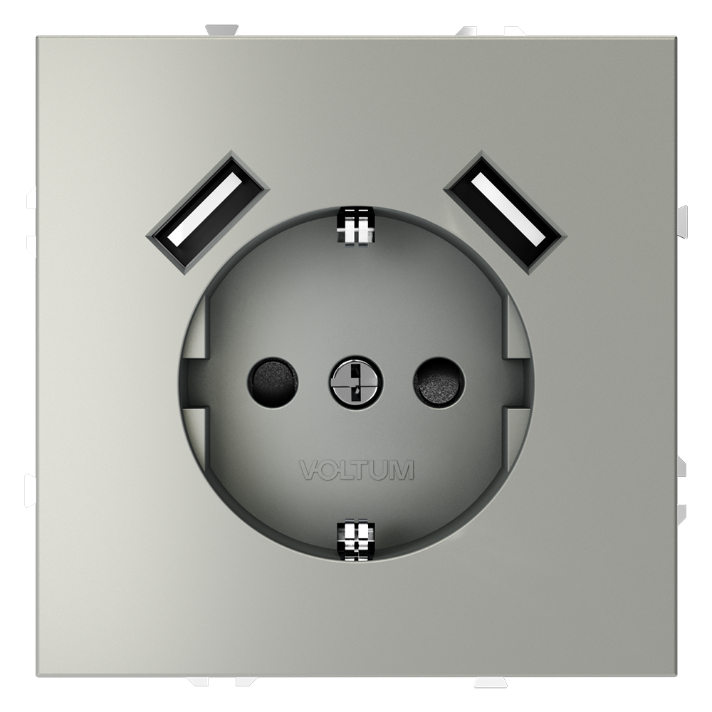 картинка Розетка встраиваемая VOLTUM S70 с заземлением и защитными шторками, 16А, с USB, A+A, (сталь) VLS040405 от магазина pro-decor.kz