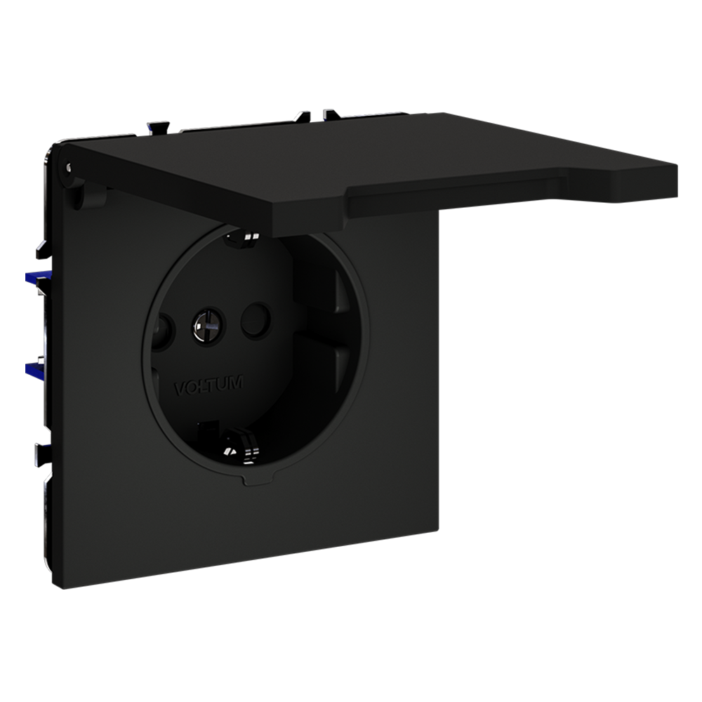 картинка Розетка встраиваемая VOLTUM S70 с заземлением, защитными шторками и крышкой 16А, (черный матовый) VLS040308 от магазина pro-decor.kz