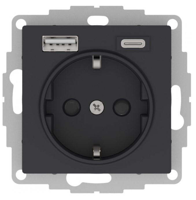 картинка ATLASDESIGN РОЗЕТКА 16А c 2 USB A+С, 5В/2,4А/3,0А, 2х5В/1,5А, механизм, КАРБОН от магазина pro-decor.kz