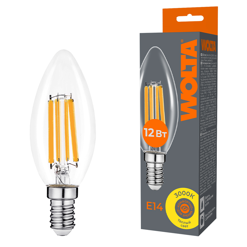картинка Светодиодная лампа WOLTA Filament WF-C35-12W3KE14 от магазина pro-decor.kz