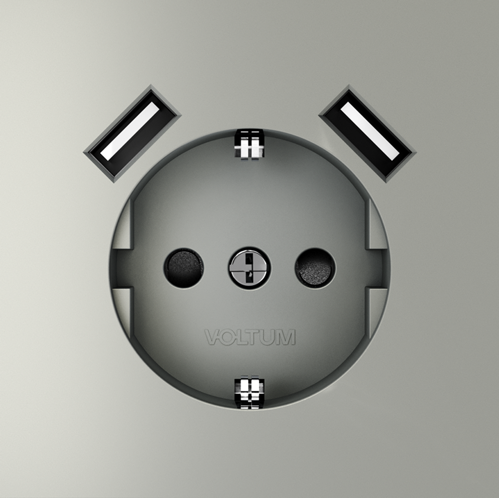 картинка Розетка встраиваемая VOLTUM S70 с заземлением и защитными шторками, 16А, с USB, A+A, (сталь) VLS040405 от магазина pro-decor.kz