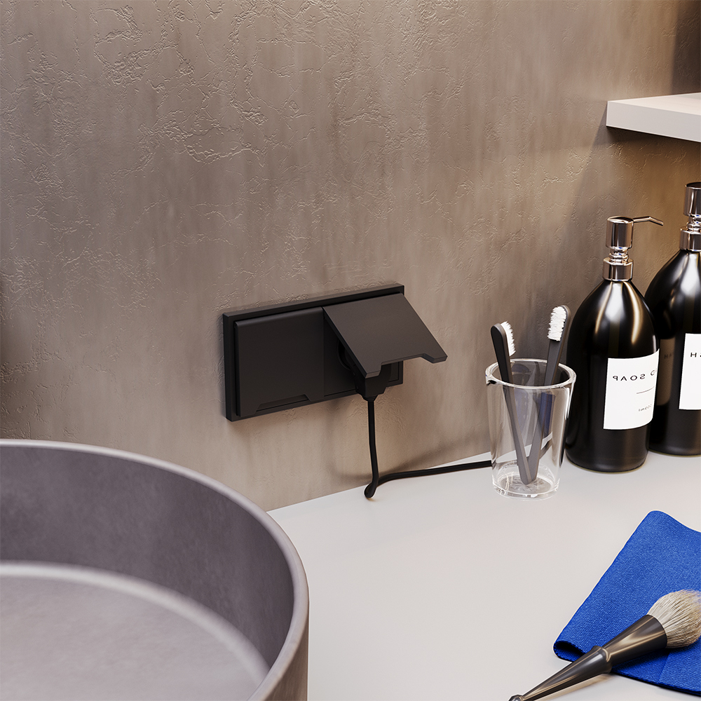 картинка Розетка встраиваемая VOLTUM S70 с заземлением, защитными шторками и крышкой 16А, (черный матовый) VLS040308 от магазина pro-decor.kz