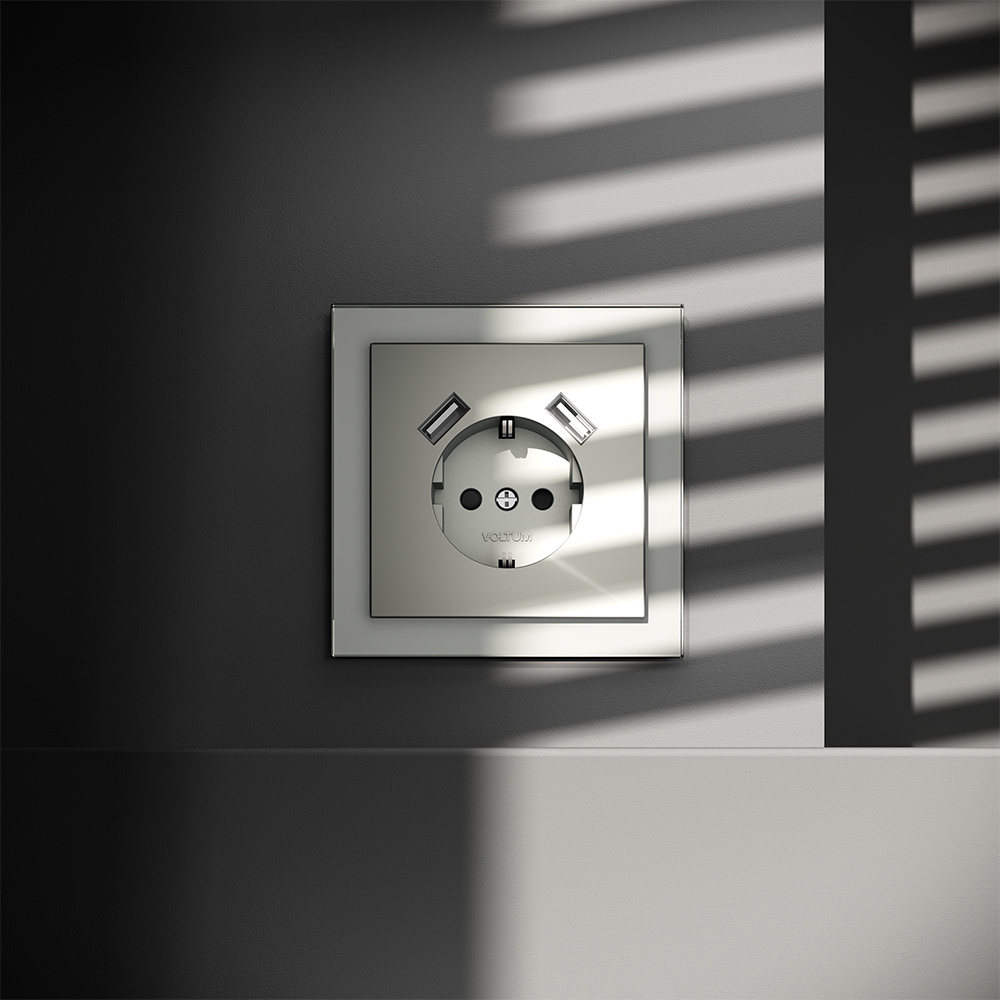 картинка Розетка встраиваемая VOLTUM S70 с заземлением и защитными шторками, 16А, с USB, A+A, (сталь) VLS040405 от магазина pro-decor.kz