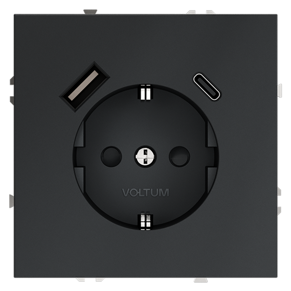картинка Розетка встраиваемая VOLTUM S70 с заземлением и защитными шторками, 16А, с USB, A+С, (графит) VLS040507 от магазина pro-decor.kz