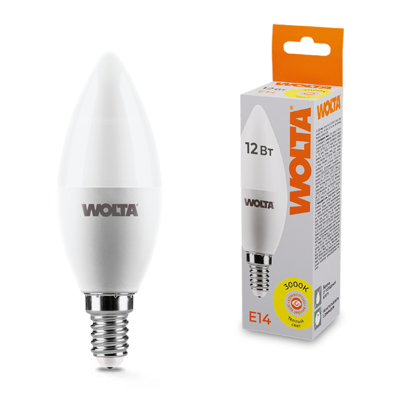 картинка Светодиодная лампа WOLTA 25YC12E14  Свеча  C37 12Вт 1050лм 3000К Е14 1/50 от магазина pro-decor.kz