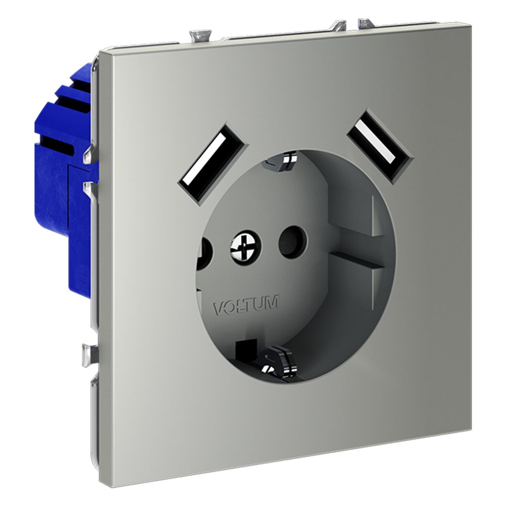 картинка Розетка встраиваемая VOLTUM S70 с заземлением и защитными шторками, 16А, с USB, A+A, (сталь) VLS040405 от магазина pro-decor.kz