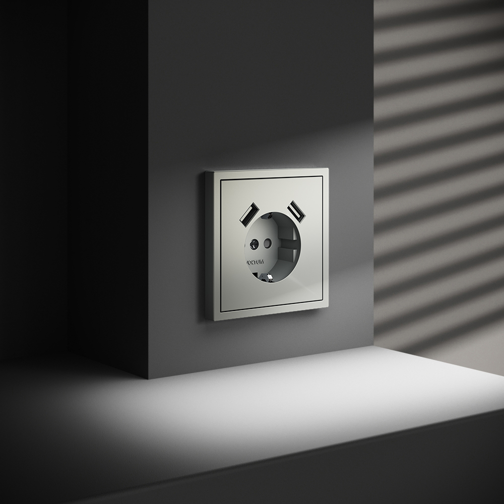 картинка Розетка встраиваемая VOLTUM S70 с заземлением и защитными шторками, 16А, с USB, A+A, (сталь) VLS040405 от магазина pro-decor.kz