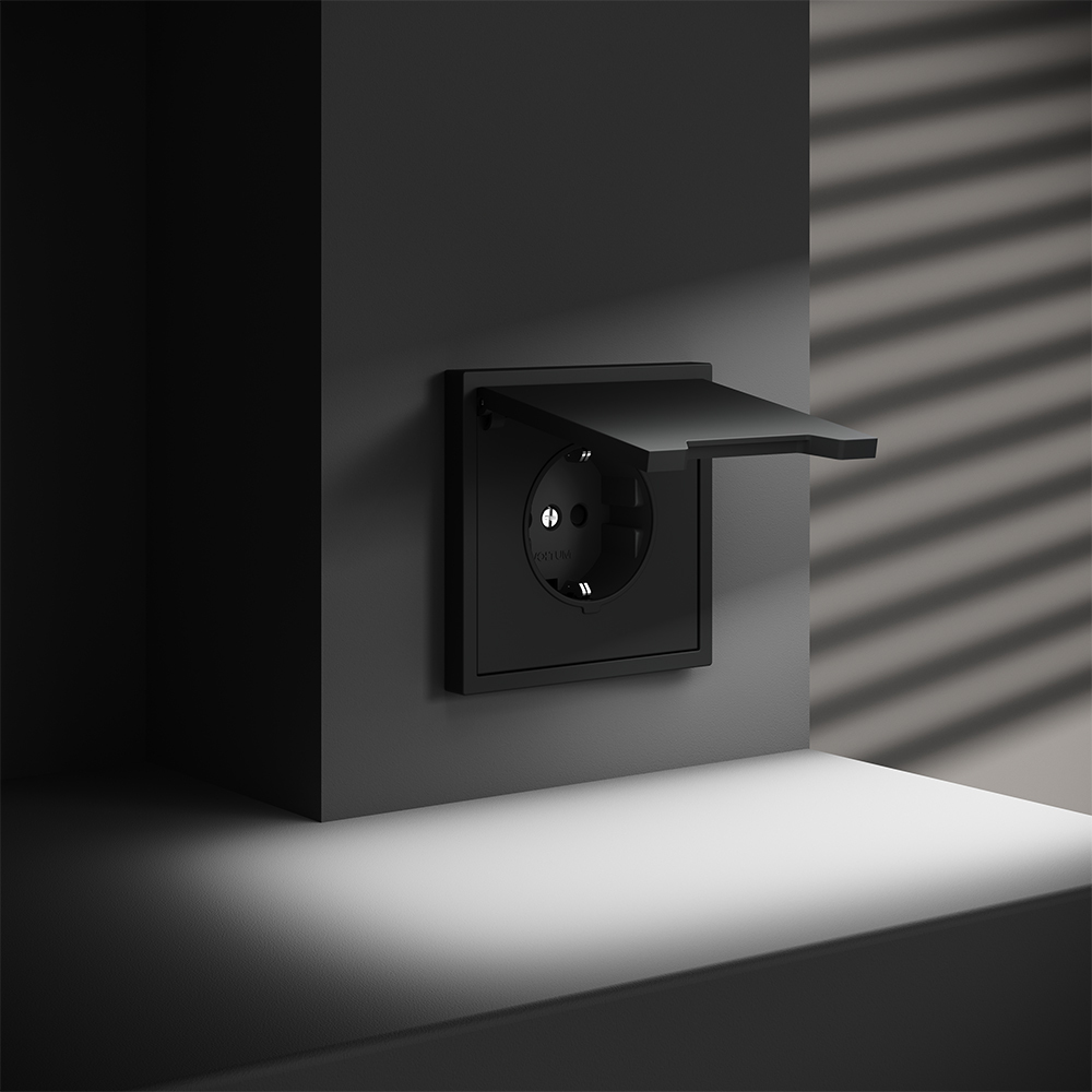 картинка Розетка встраиваемая VOLTUM S70 с заземлением, защитными шторками и крышкой 16А, (черный матовый) VLS040308 от магазина pro-decor.kz